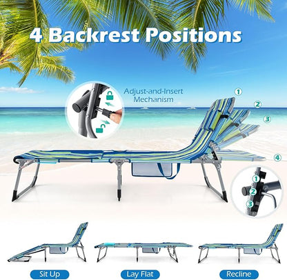 GYMAX Tanning Chair, 3 in 1 Sun Bathing Lounge Chairs with Face/Arm Holes & Side Pocket, Portable Lightweight Face Down Layout Tanning Chair for Outside, Beach, Backyard, Poolside (2, Blue Stripe)