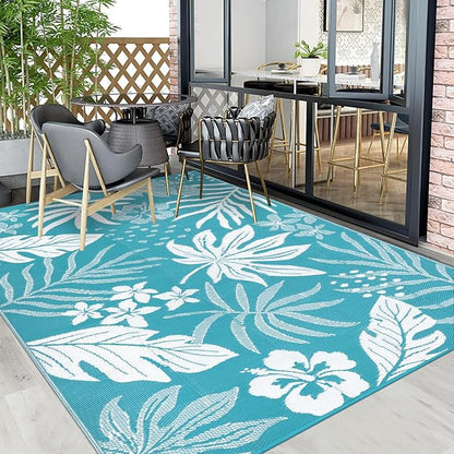 Pauwer Waterproof Outdoor Rug 6x9, Reversible Plastic Straw Patio Camping Rug, Indoor Outdoor RV Mat Carpet for Deck, Camper, Porch, Balcony, Backyard, Picnic, Floral Teal