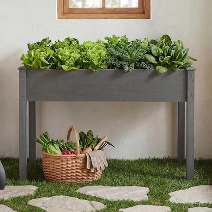 DUMOS Raised Garden Bed with Legs, 48x24x30 Inch Planter Box Outdoor with Liner for Herbs Flowers Vegetables, Elevated Wooden Garden Bed for Patio, Balcony and Backyard, Grey