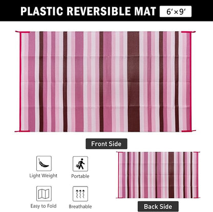 HUGEAR Outdoor Waterproof Rug 6'x9' Plastic Straw Rugs Washable Reversible Floor Mat Pink Stripe Carpet for Camping RV Deck Entryance Porch Picnic Balcony Beach Backyard