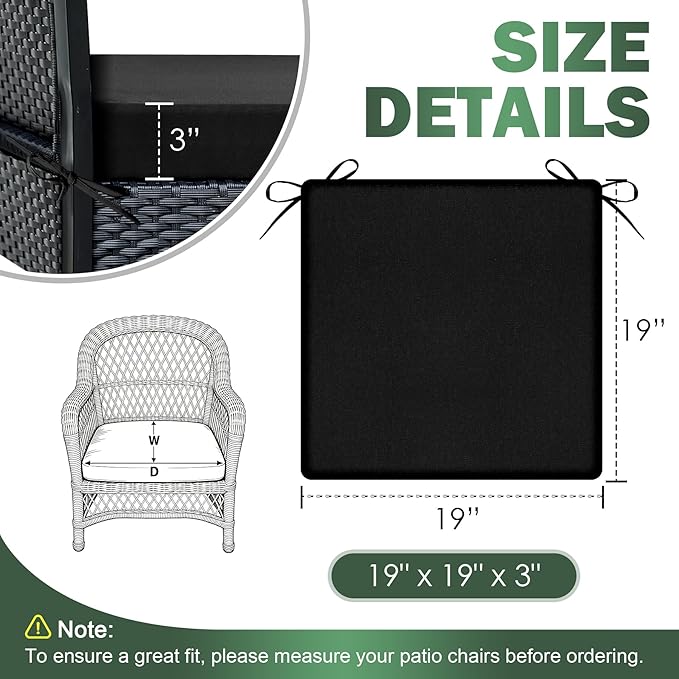 Outdoor Chair Cushions Set of 2, 19x19x3 Inch Waterproof & Fade Resistant Patio Furniture Seat Cushions with Ties, Square Outdoor Dining Chair Cushions for Lawn, Garden, Deck & Yard, Black