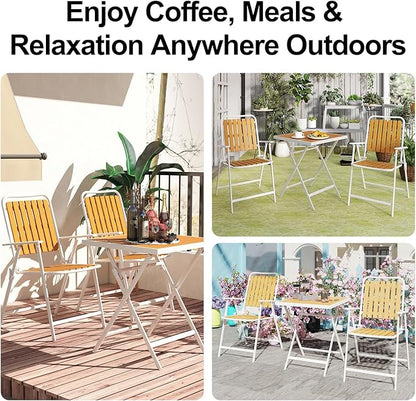 3 Piece Outdoor Bistro Set with Yellow Wood-Look Tabletop, Patio Table and Chairs Set of 2, Folding Small Balcony Furniture for Garden, Deck, Porch, Outdoor Bistro Patio Set