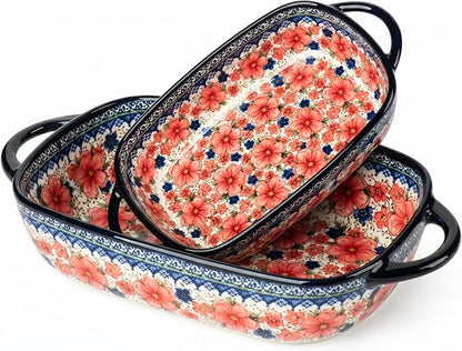 Ceramic Baking Dish with Handles, Hand-painted Polish Pottery Baking Dish Set of 2,Baking Pan Lasagna Pan, Rectangular, Floral Pattern, Oven Safe, 13.22x7.5x2.8 Inch (red)