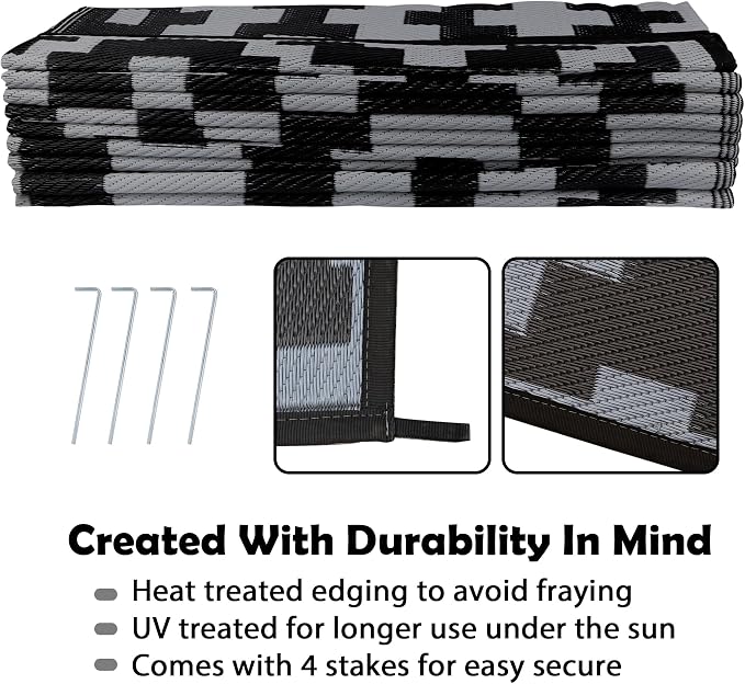 SAND MINE Waterproof Outdoor Rug 9x18 ft, Plastic Reversible Rug, Modern Area Rug, Large Floor Mat for Outdoors, RV, Patio, Backyard, Deck, Picnic, Beach, Camping, Black Grey Lattice