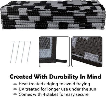 SAND MINE Waterproof Outdoor Rug 9x18 ft, Plastic Reversible Rug, Modern Area Rug, Large Floor Mat for Outdoors, RV, Patio, Backyard, Deck, Picnic, Beach, Camping, Black Grey Lattice