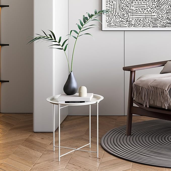 End Table Set of 2, Outdoor Side Table, Small Patio Round Folding Metal Side Tables for Outdoor,Living Room,Bedroom Balcony and Office, 2 PCS