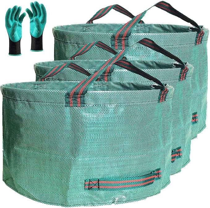 Standard 3-Pack 46 Gallon Lawn Garden Bags (D26,H19 in) Yard Waste Bags with Gardening Gloves for Leaf Bag,Yard Debris,Garden Trash Container,Camping Waste Bin,Lawn Weeds,Grass Clippings Bag 4 Handles