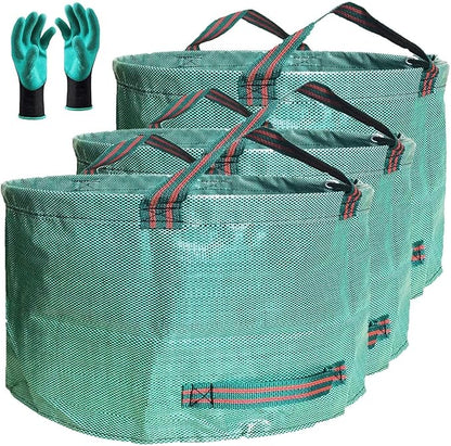 Standard 3-Pack 46 Gallon Lawn Garden Bags (D26,H19 in) Yard Waste Bags with Gardening Gloves for Leaf Bag,Yard Debris,Garden Trash Container,Camping Waste Bin,Lawn Weeds,Grass Clippings Bag 4 Handles