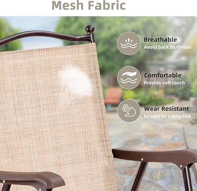 Tangkula Set of 2 Patio Folding Dining Chairs, Outdoor Sling Lawn Chairs with Armrests, Steel Frame, Portable Camping Lounge Chairs for Backyard, Deck, Poolside and Garden, No Assembly (1, Beige)