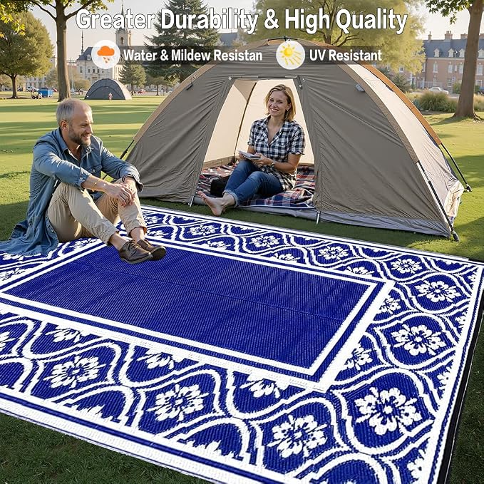 HUGEAR Plastic Outdoor Rug 6'x9' Waterproof Camping Carpet Outside Area Rug Reversible Light Blue Rugs for RV Deck Entryance Porch Picnic Balcony Beach