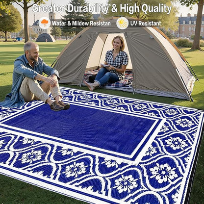 HUGEAR Plastic Outdoor Rug 6'x9' Waterproof Camping Carpet Outside Area Rug Reversible Light Blue Rugs for RV Deck Entryance Porch Picnic Balcony Beach