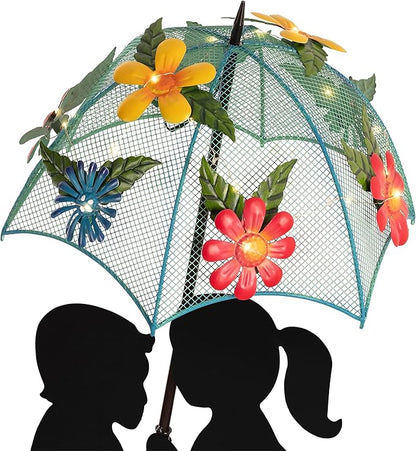 Alpine Corporation 39" Tall Outdoor Solar Powered LED Lights Girl and Boy Silhouette with Umbrella Yard Statue