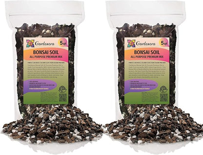 Premium Bonsai Soil All Purpose Fast Draining Mix - 10 Quart - Pumice, Lava, Calcined Clay and Pine Bark Potting Pre Mixed Bonsai Plant Soil Mixture by GARDENERA - Made in USA - (2 Bags of 5QT)