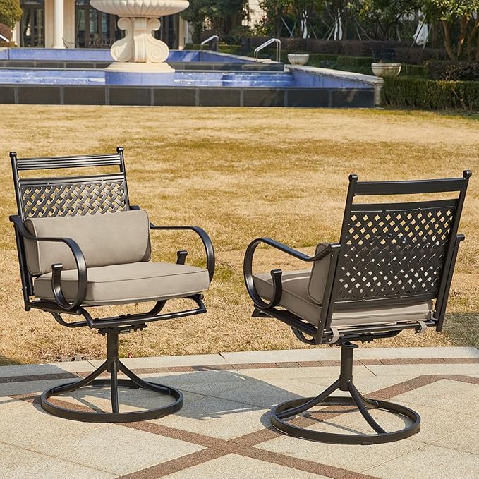 MELLCOM Patio Swivel Chair Set of 4, Heavy Duty Outdoor Dining Chairs with Cushions and Lumbar Pillows, Metal Patio Chairs Gentle Rocker for Outside, Garden Lawn & Porch, Backyard, Khaki