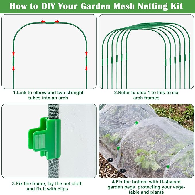 Unves 67 Pcs Garden Netting Kit, 10x25 Ft Ultra Mosquito Bird Netting with 6 Hoops & 12 Clips, Fruit Tree Netting for Patio Raised Beds Vegetable Flowers Protection Barrier Plant Covers Net