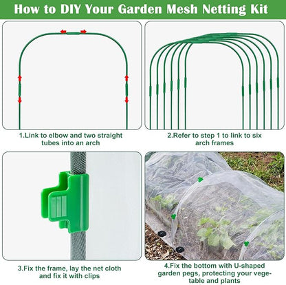 Unves 67 Pcs Garden Netting Kit, 10x25 Ft Ultra Mosquito Bird Netting with 6 Hoops & 12 Clips, Fruit Tree Netting for Patio Raised Beds Vegetable Flowers Protection Barrier Plant Covers Net