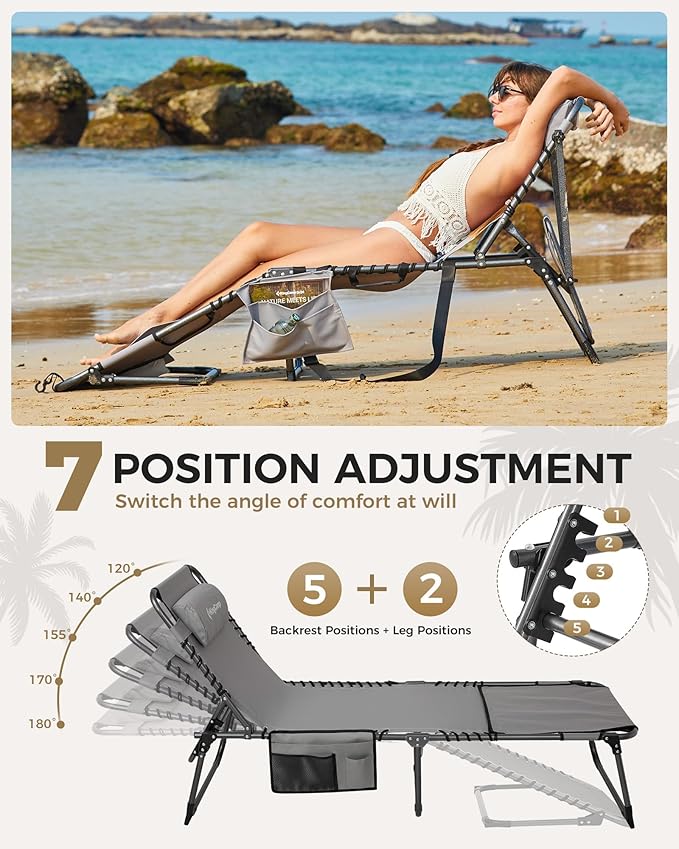 KingCamp 2 Pack Tanning Chair with Face Hole, Lounge Chairs Outdoor Folding Portable Comfy Adjustable 5-Position Foldable Chaise Chaser with Canopy Shade for Outside Beach Patio, Grey