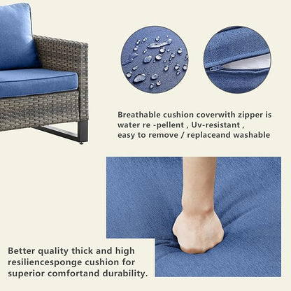Wicker Outdoor Patio Furniture Set - 6 Piece Patio Conversation Set with 2 Swivel Rocker Chairs,2 Rattan Ottoman,1 Couch and 1 Metal Coffee Table for Outside Porch Deck Backyard(Mixed Grey/Blue)