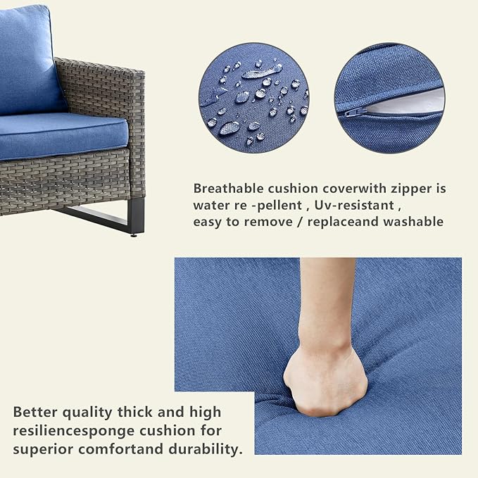 Wicker Outdoor Patio Furniture Set - 6 Piece Patio Conversation Set with 2 Swivel Rocker Chairs,2 Rattan Ottoman,1 Couch and 1 Metal Side Table for Outside Porch Deck Backyard(Mixed Grey/Blue)