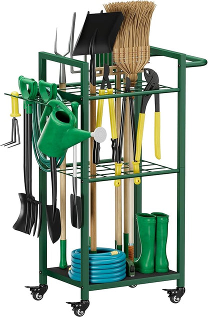 Garden Tool Organizer with Wheels, Heavy Duty 3 Tier Metal Yard Tool Storage Rack Holder with Side Hooks, Freestanding Garage Organizer for Shovels, Rakes, Brooms, Indoor Outdoor Use, Green
