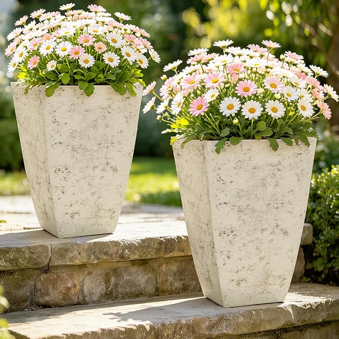 19" H Country White Square Planters for Outdoor Plants, Set of 2 Large Flower Pot with Drainage Hole, Weather-Resistant for Porch,Garden, Patio or Indoor Use