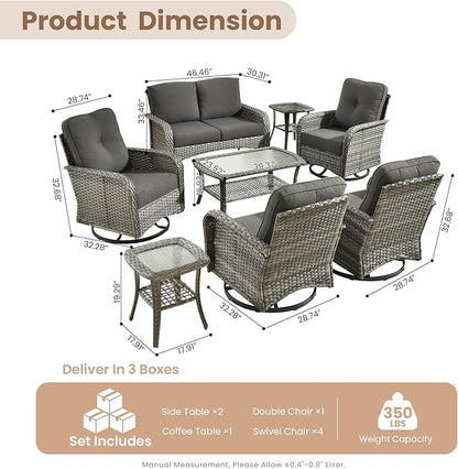 HOOOWOOO Patio Furniture Set,8 Pieces Outdoor Conversation Set,All Weather Wicker Loveseat Sofa Set with High Back Swivel Rocking Chairs Tables,Black