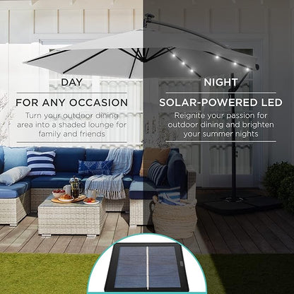 Best Choice Products 10ft Solar LED Offset Hanging Market Patio Umbrella for Backyard, Poolside, Lawn and Garden w/Easy Tilt Adjustment, Polyester Shade, 8 Ribs - Fog Gray