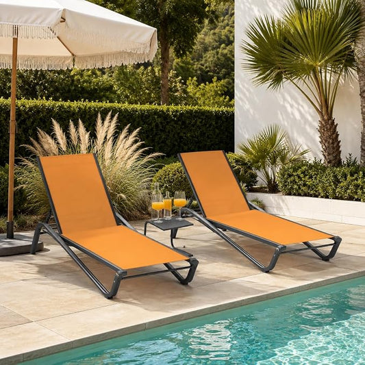 3-Piece Patio Chaise Lounge Set with Side Table, Set of 2 Adjustable Pool Chairs and Aluminum Bistro Table, All-Weather Outdoor Furniture for Pool Deck, Patio & Tanning, Solar Orange
