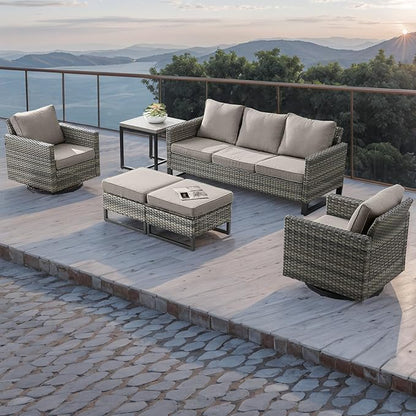 Rilyson Wicker Outdoor Patio Furniture Set - 5 Piece Patio Conversation Set with 2 Swivel Rocker Chairs,2 Rattan Ottoman and 1 Metal Side Table for Outside Porch Deck Backyard Garden(Mixed Grey/Grey)