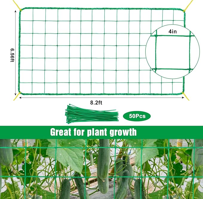 Unves Trellis Netting, 8.2 x 6.6Ft Garden Trellis Netting for Climbing Plants Outdoor, 27 Strands & 4x4 Inch Heavy Duty Mesh Plant Garden Netting for Cucumber, Tomato, Vegetables, Grapes, Bean