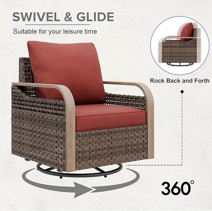 COOS BAY Modern Wicker Outdoor Furniture Set, Patio Conversation Set with Swivel Rockers, 2 Seat Loveseat, and Ottomans, 5 Piece, Brown/Red