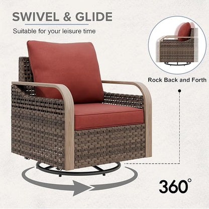 COOS BAY Modern Wicker Outdoor Furniture Set, Patio Conversation Set with Swivel Rockers, 2 Seat Loveseat, and Ottomans, 5 Piece, Brown/Red