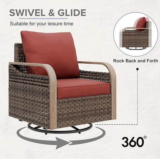 COOS BAY Modern Wicker Outdoor Furniture Set, Patio Conversation Set with Swivel Rockers, 2 Seat Loveseat, and Ottomans, 5 Piece, Brown/Red