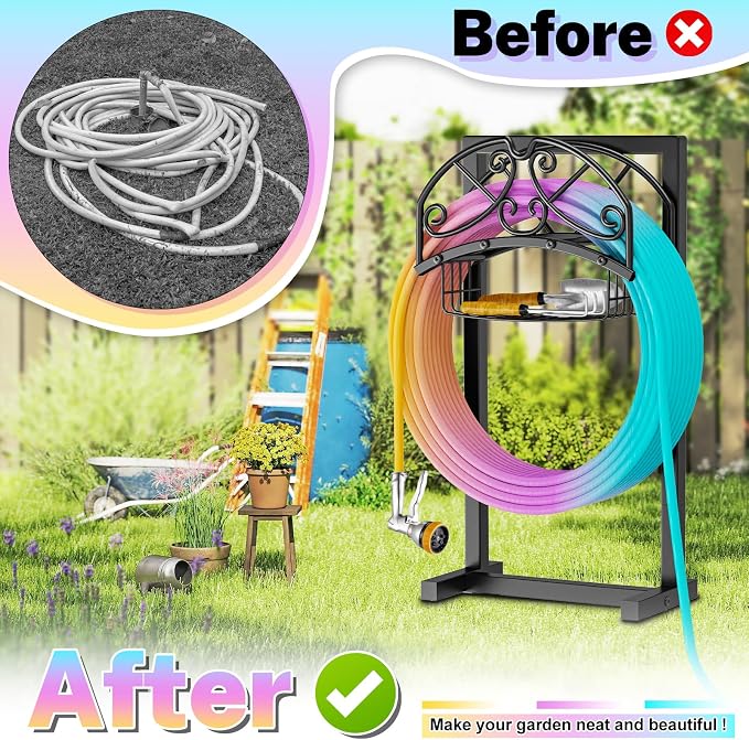 Garden Hose Holder, Metal Water Hose Holder with Storage Basket, Heavy Duty 4 Spikes Hose Hanger Holds 150 Feet Hoses, Freestanding Hose Storage Reel Rack for Outdoor Yard Lawn,Line