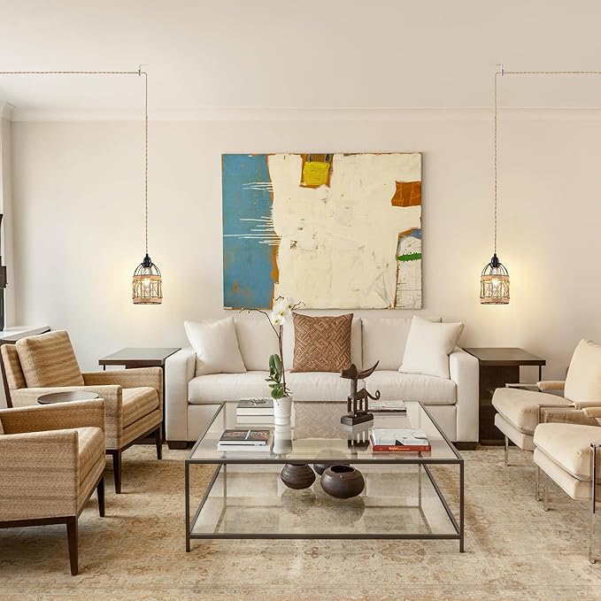 Plug in Pendant Light, Industrial Hanging Light with Plug in Cord Hemp Rope On/Off Switch Farmhouse, Vintage Pendant Light Fixture, Hanging Lamps for Dining Room