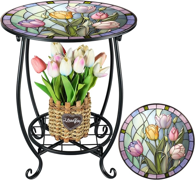 Cinnvoice Outdoor Side Table Round Small Mosaic Patio Accent Indoor End Plant Coffee Tea Table for Yard Patio Porch Garden Living Room, Bedroom(Tulip Style,14 Inch)
