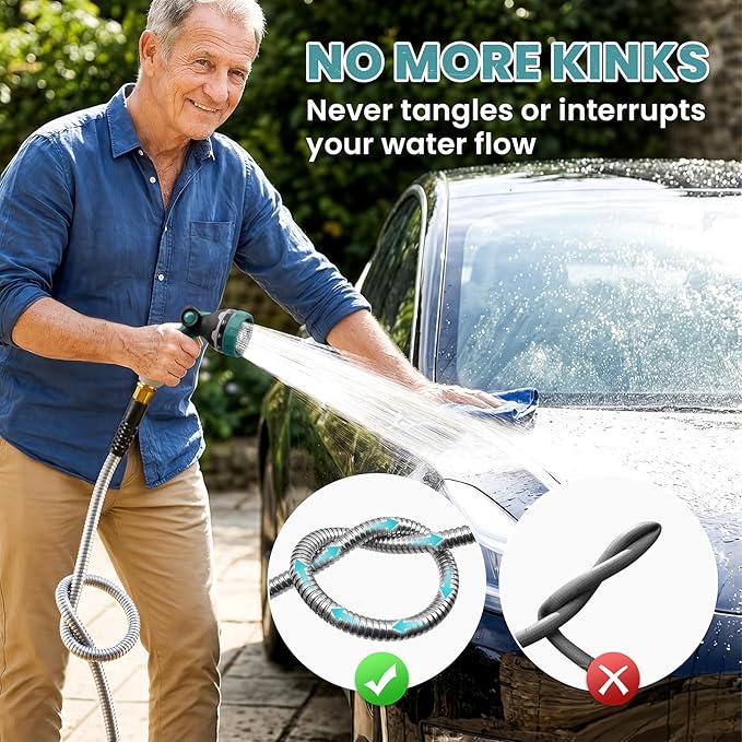 Cesun 25 ft Metal Garden Hose, Stainless Steel Heavy Duty Water Hose With 10 Function Nozzle, No Kink & Flexible, Lightweight and Durable, Rust Proof for Yard, RV, Pet Bath, Outdoor, 25 foot x 5/8"