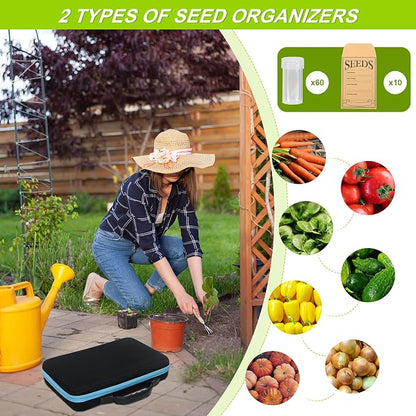 60 Slots Seed Storage Organizer Box with 10 Seed Envelopes, Large Capacity Seed Storage Container with Zipper Bag, Label Stickers, Tweezers, Funnel, Garden Seeds Saver Kit for Vegetable, Flower