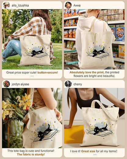Miss Adola Canvas Tote Bag for Women – Aesthetic Canvas Bag with Zipper Cute Stylish Reusable Shoulder Totes for Shopping Work Daily Vacation, Cat Read