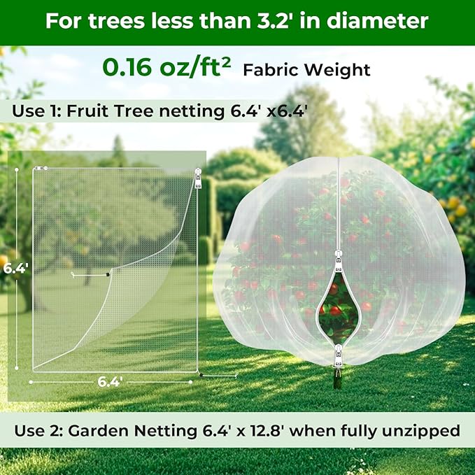Fruit Tree Netting with 2-Way Zipper & Drawstring - 6.4'x6.4' Garden Plant Net Pest Barrier to Prevent Cicadas Bird Squirrel Deer - Protection for Blueberry Tomato with Fine Mesh Insect Cover (2 Pack)
