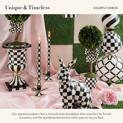 MACKENZIE-CHILDS Pedestal Tabletop Urn, Decorative Centerpiece for Table, Mantel, or Shelf, Tall, Black-and-White Courtly Check