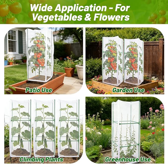 3 Pcs Garden Bird Netting Plant Cover for Square Tomato Cage, 55"×19.7" Garden Bird Insect Netting with Zipper & Drawstring Netting for Vertical Climbing Plants,Vegetable and Flower (No Cage)