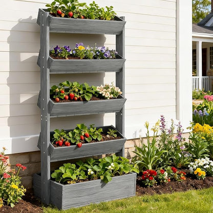 SUNYRISY 5 Tiers Vertical Raised Garden Bed Outdoor Planter Tower, Wooden Freestanding Planter Box for Planting Herbs Flowers Vegetables Patio Balcony Indoor Outdoor Gardening, Grey