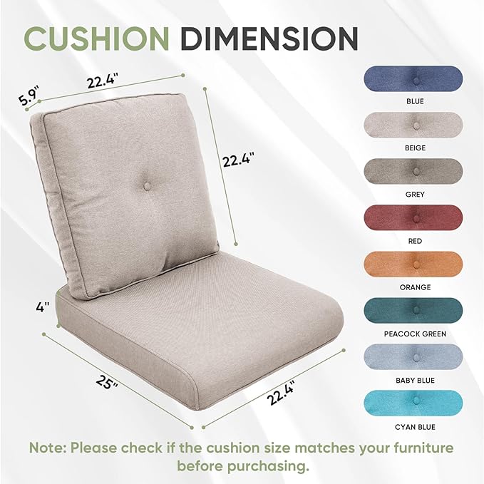 Outdoor Chair Cushion Set, 25 x 22 Deep Seat Cushion, Patio Chair Cushions for Outdoor, Include 1 Seat Cushion and 1 Back Cushion, Beige