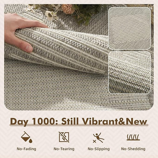 MontVoo-Outdoor Rug Carpet Patio Rug 6x9 Polypropylene Indoor Outdoor Rugs for Patio Deck Balcony Porch, Textured Weave, Durable for High Traffic, Fade-Resistant, Boho Geometric Silver Grey