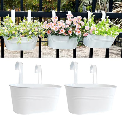 12" Balcony Railing Planters, Outdoor Hanging Planter for Fence, Stylish Metal Porch Deck Flower Pot for Herbs & Succulents (White, Pack of 2)