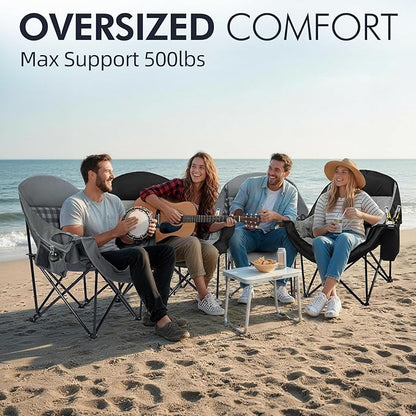 Oversized Camping Chair for Adults - Heavy Duty Outdoor Padded Large Lawn Camp Chair with Cup Holder Cooler Pockets for Sports Beach Fishing Garden Portable Supports 500lbs, Grey 2 Pack