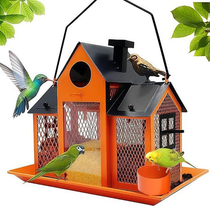 Solar Bird Feeders House for Outside Hanging, Metal Wild Bird Feeder for Outdoors Large Capacity Cardinal Birdfeeder Birdhouses Metal Bird Feeding Station Orange