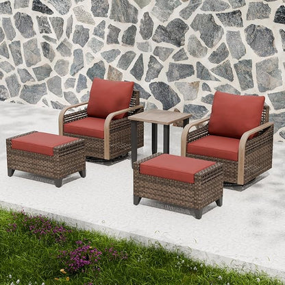 Modern Wicker Bistro Table and Chairs Set, Rattan Outdoor Bistro Set with Swivel Rocking Chairs, Ottomans & Table, 5 Pieces, Brown/Red