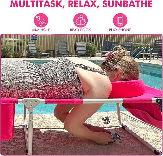Tanning Chair with Sun Canopy Face Hole Softer Padded Adjustable Washable, Heavy Duty Layout Folding Lounge Chair for Adults Outside Beach Reading Sunbathing Poolside, UPF 50+ Sun Shade, Pink, 300 LBS